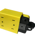 Close-up of a yellow Dump Trailer Remote Control Switch For 4 Wires 12V DC Hydraulic Pump Power Units with connector
