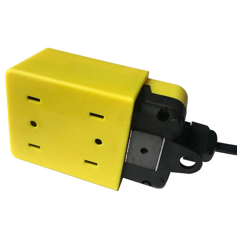 Close-up of a yellow Dump Trailer Remote Control Switch For 4 Wires 12V DC Hydraulic Pump Power Units with connector