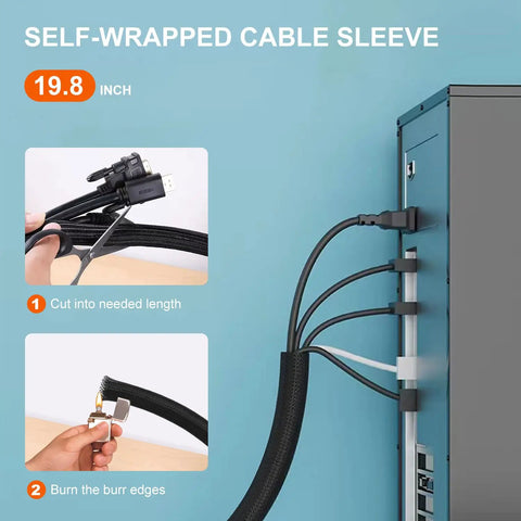 All In One Cable Management Kit For TV Desk And Car With 188 Pcs showing self-wrapped cable sleeve organizing cords