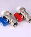 Rock Solid Brass PPR Union Ball Valve One Half Inch By Twenty Millimeter To Three Quarter Twenty Five Millimeter Pipe Coupler with blue and red handle valves.
