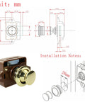 No Sweat Keyless Push Button Door Catch Lock With Smooth Operation For Rv Cabinets Boat Drawers Yacht Cupboards And Motorhome Storage Brown Gold Finish with installation dimensions.