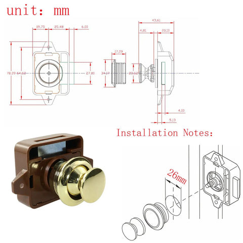 No Sweat Keyless Push Button Door Catch Lock With Smooth Operation For Rv Cabinets Boat Drawers Yacht Cupboards And Motorhome Storage Brown Gold Finish with installation dimensions.