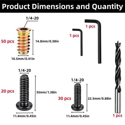Top Shelf 50 Piece Threaded Wood Insert Kit Including 1 4 20 Furniture Fasteners And Wrenches for dimensions and quantities.