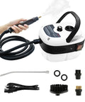 Heavy Duty 2500W Handheld Steam Cleaner With 3 Quick Swap Brushes, portable unit with hose and nozzle for deep cleaning.