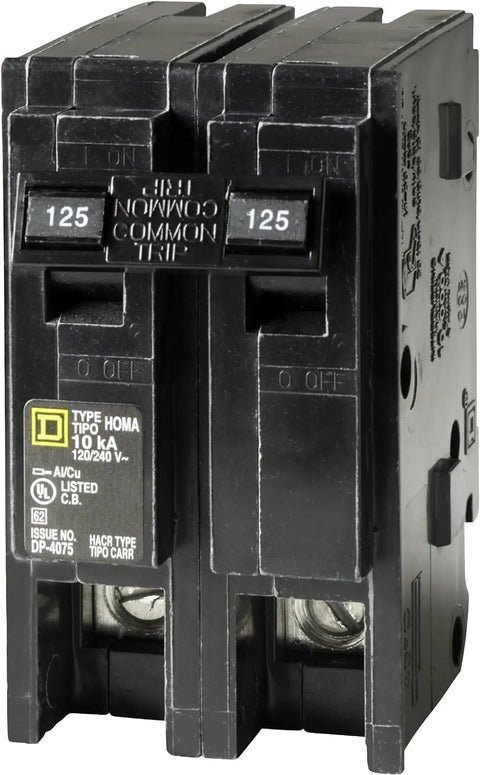 Homeline 125 Amp Two Pole Mini Circuit Breaker For Residential Use With Easy Plug In Mount And Quick Install 120 And 240 Volt AC 10kA Breaking Capacity Standard Type