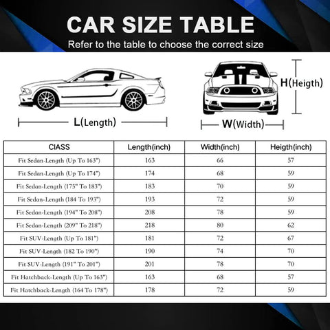Car size table for All Weather Waterproof Car Cover Universal Fit For Sedans And Coupes, Heavy Duty Exterior Shield With UV Protection