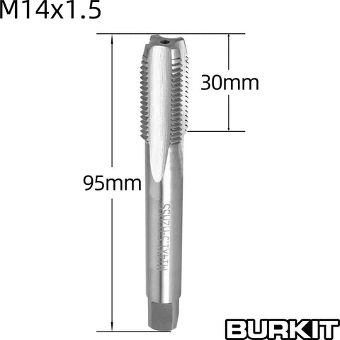 Pro Grade M14 X 1.5 Tap And Die Set showing 3.74 inch tap with 30mm head for accurate threading and fast chip removal