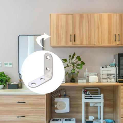 L Shaped Corner Brackets Set 18 Pieces Stainless Steel Right Angle Shelf Braces for furniture installation in a kitchen