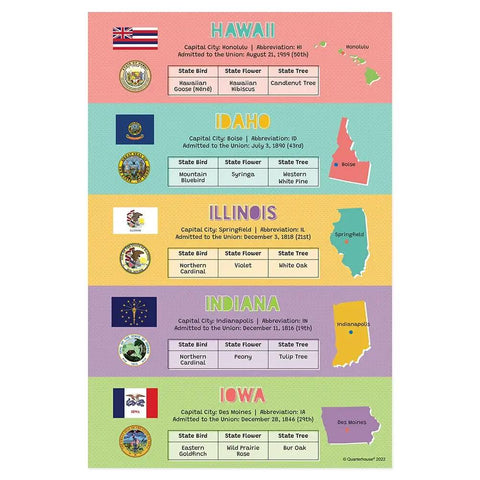 10 Dual State Posters Set For Classroom Learning, 12 By 18 Inch Social Studies Wall Decor Covering The 50 States, Made In USA
