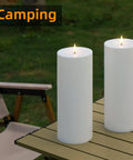 Outdoor Flameless LED Pillar Candles Set Of 2 11 By 4 Inches Waterproof Battery Operated with a Camping Chair