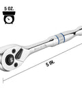 Quarter Inch Drive Ratchet, 90 Tooth Quick Release, Reversible Wrench, Cr V Steel, Full Polish Finish, 5 oz, 5 in length