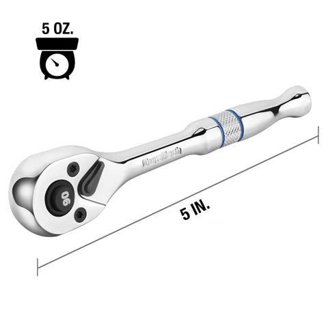 Quarter Inch Drive Ratchet, 90 Tooth Quick Release, Reversible Wrench, Cr V Steel, Full Polish Finish, 5 oz, 5 in length