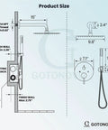 Diagram showing the dimensions of 10 Inch Round Rainfall Shower System With Wall Mount High Pressure Shower Head Set Rough In Valve And Cylindrical Handheld Spray In Polished Chrome All Metal SUS304 Stainless Steel Construction Built Tough.