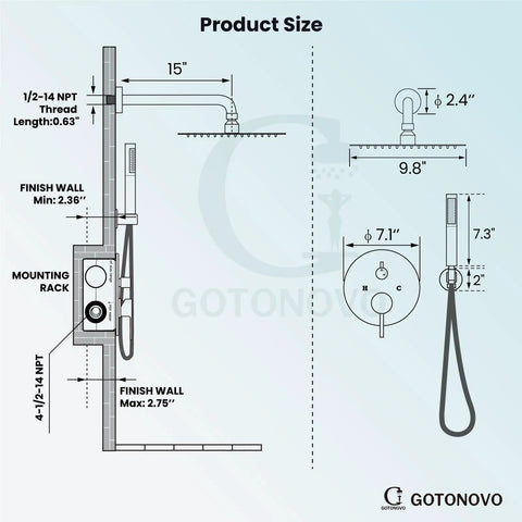 Diagram showing the dimensions of 10 Inch Round Rainfall Shower System With Wall Mount High Pressure Shower Head Set Rough In Valve And Cylindrical Handheld Spray In Polished Chrome All Metal SUS304 Stainless Steel Construction Built Tough.