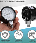 Pressure dial gauge for pressure canners, stainless steel body with black housing and front-view dial