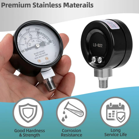Pressure dial gauge for pressure canners, stainless steel body with black housing and front-view dial