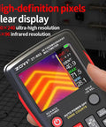 Close-up of All In One Thermal Imaging And Digital Multimeter For Electricians And HVAC Pros, 96 By 96 IR Resolution display in use.