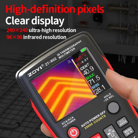 Close-up of All In One Thermal Imaging And Digital Multimeter For Electricians And HVAC Pros, 96 By 96 IR Resolution display in use.