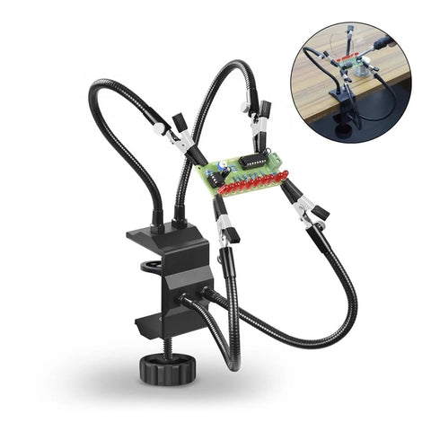 Four Arm Third Hand Soldering Station With Adjustable Gooseneck Arms, PCB Holder for precise electronics repair, Black Welding Stand.