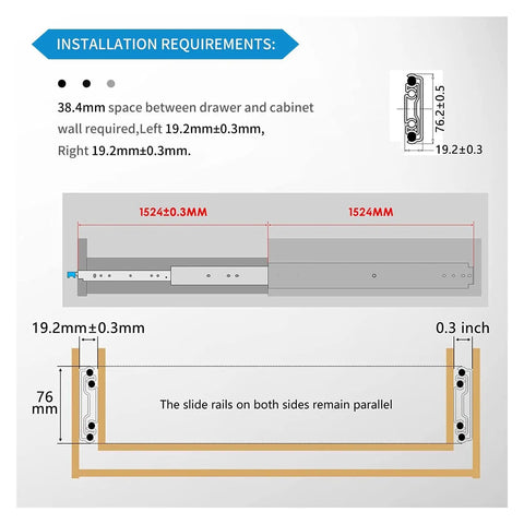 Installation guide for Side Mount Ball Bearing Drawer Rails 1 Pair 12-40 Inch Full Extension Sliding 3 Fold Heavy Duty Drawer Slides