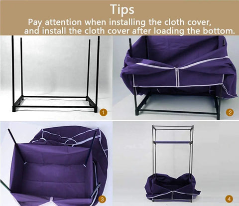 Heavy Duty Foldable Closet Wardrobe Featuring Sturdy Steel Pipe Frame And Portable Clothes Organizer With Long Hanging Rod and tips for installation.