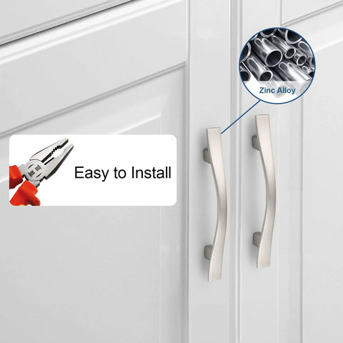 25 Pack Cabinet Handles With 3 Inch Hole Centers Bridge Design Shiny Nickel Zinc Alloy Drawer Pulls Installed on White Cabinet Door