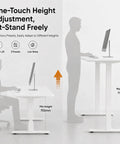 Compact Electric Standing Desk With Single Motor And One Touch Lift System Lowkey Perfect For Small Home Offices showing height adjustments.