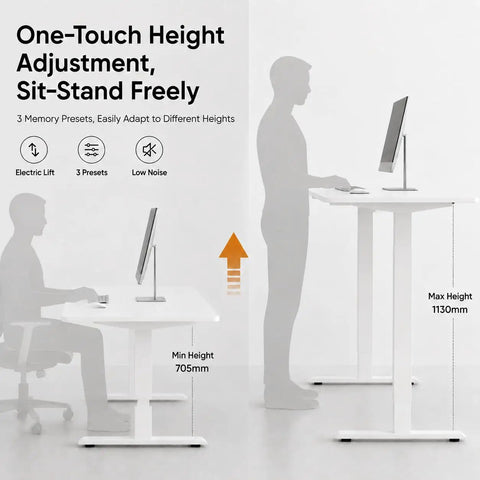 Compact Electric Standing Desk With Single Motor And One Touch Lift System Lowkey Perfect For Small Home Offices showing height adjustments.