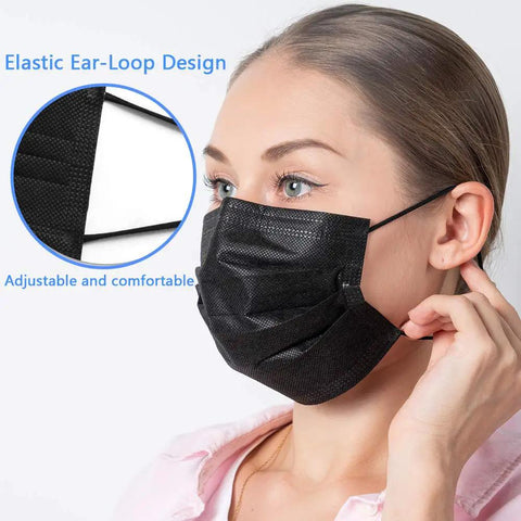 Black Disposable Face Mask With 3 Layer Design For Protection And Breathability Adjustable Nose Bridge And Elastic Ear Loops For Comfy Everyday Wear And All Day Comfort