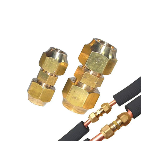 1/4 Inch No Weld Copper Pipe Connector For Hvac Ac Lines No Sweat Compression Coupler with brass flare nuts and fittings.