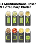 Amazon Amazin Goods all-in-one vegetable chopper and prep station, front view with green base and 11 inserts, 9 blades
