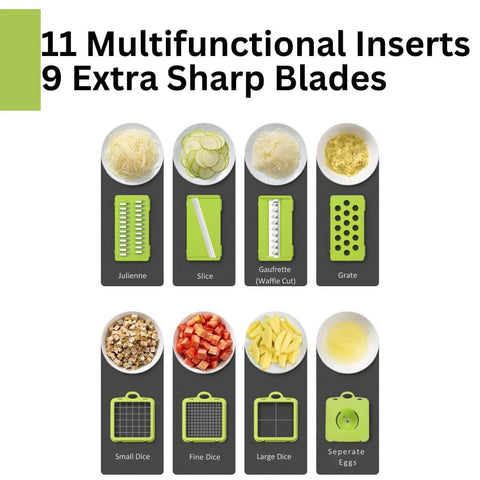 Amazon Amazin Goods all-in-one vegetable chopper and prep station, front view with green base and 11 inserts, 9 blades
