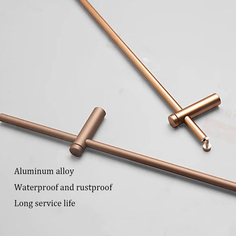 Adjustable Aluminum Shelf Guard Rails, 8 Pack Anti Tip Brackets For Bookcases And Cabinets, Hella Tough Rustproof Metal Support Bars, Sleek copper metal rods with T-shaped connectors for stability.