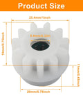 Close-up of Six Pack Spin Mop Bucket Gear Replacement Set with dimensions, showing white plastic gear with stainless steel interior