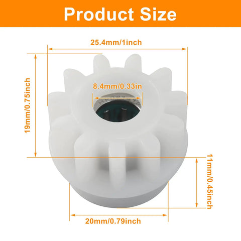 Close-up of Six Pack Spin Mop Bucket Gear Replacement Set with dimensions, showing white plastic gear with stainless steel interior