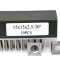 Box of 10 rectangular 15mm Tungsten Carbide Replacement Cutter Inserts for woodworking, showing square shape and label size