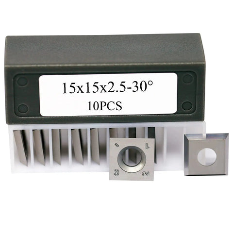 Box of 10 rectangular 15mm Tungsten Carbide Replacement Cutter Inserts for woodworking, showing square shape and label size