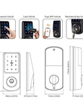 Rock Solid Smart Door Lock With Keyless Entry Featuring Touchscreen Keypad IC Card Swipe And Mechanical Override For Zero Hassle Home Security Upgrade Plus WiFi App Control To Manage Your Deadbolt From Anywhere With Heavy Duty Zinc Alloy Build side and front view with unlock options.
