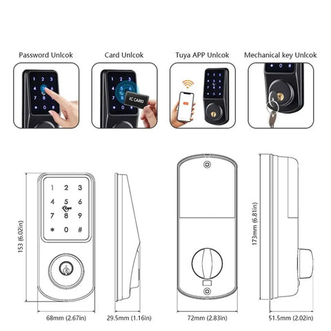 Rock Solid Smart Door Lock With Keyless Entry Featuring Touchscreen Keypad IC Card Swipe And Mechanical Override For Zero Hassle Home Security Upgrade Plus WiFi App Control To Manage Your Deadbolt From Anywhere With Heavy Duty Zinc Alloy Build side and front view with unlock options.