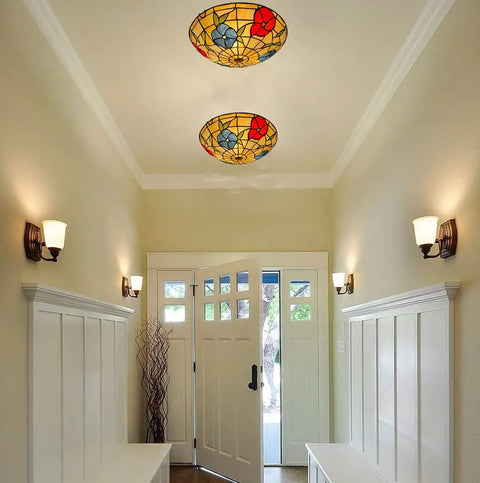 Tiffany Style 3 Light Ceiling Light 16 Inch Stained Glass Flush Mount Handmade Eye Catching Jewel Tone Fixture For Dining Room Bedroom Entryway Hallway Or Kitchen, installed in hallway