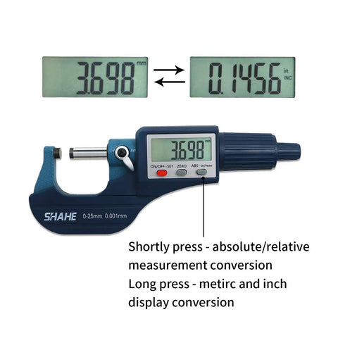 Digital Micrometer 0 To 25 mm And 0 To 1 Inch, Pro Grade Precision, LCD display showing measurements in metric and inch units.