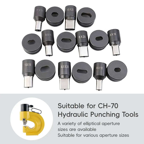 Heavy Duty Hydraulic Oval Hole Punch Die For CH-70 System Replacement 11x18mm displayed with various sizes for metal sheets