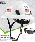 Full Brim Vented Construction Hard Hat OSHA Approved For Men Women Lightweight HDPE Safety Helmet With 6 Point Adjustable Ratchet Suspension And Custom Pattern Design On The Job with American flag stickers and two pairs of protective spectacles.