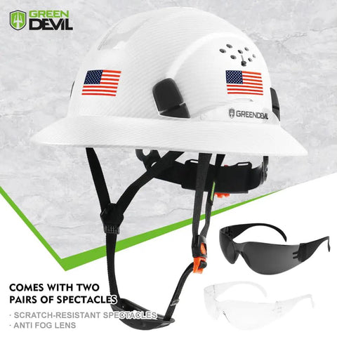 Full Brim Vented Construction Hard Hat OSHA Approved For Men Women Lightweight HDPE Safety Helmet With 6 Point Adjustable Ratchet Suspension And Custom Pattern Design On The Job with American flag stickers and two pairs of protective spectacles.