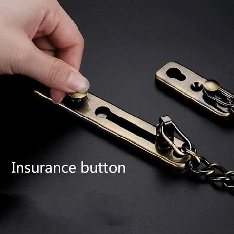 Heavy Duty Stainless Steel Door Chain Lock With Two Inch Ventilation Gap shown with insurance button in use.