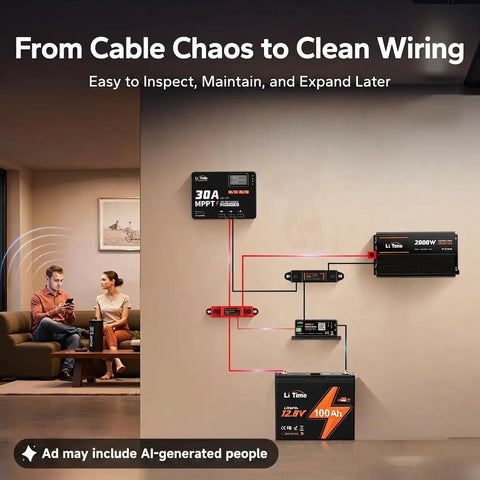 Heavy Duty 275A Power Distribution Bus Bar Featuring Four M8 And Six M4 Terminals For Battery Banks Solar Inverters MPPT Gear And Audio Rigs In Red And Black For No Mess Wiring Setups displayed with neat wiring in a living room.
