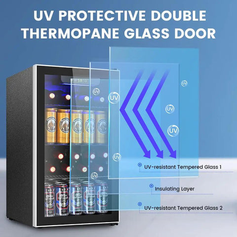 3.2 Cu Ft Beverage Refrigerator With Adjustable Temperature Control, 130 Can Capacity For Soda Beer And Wine, Energy Efficient Quiet Operation with UV protective glass