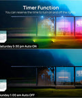 Smart WiFi RGB LED Flood Lights Outdoor With App Control And Alexa, IP66 Waterproof Uplights showing timer function in night setting.
