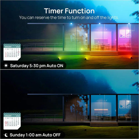 Smart WiFi RGB LED Flood Lights Outdoor With App Control And Alexa, IP66 Waterproof Uplights showing timer function in night setting.