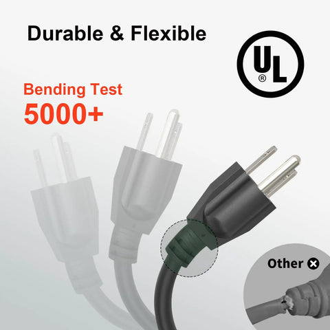 Waterproof Outdoor Extension Cord 100 Ft Black 12 3 SJTW Heavy Duty Flexible Copper 3 Prong Extension Cord For Lawn Garage Jobsite And Home Improvement UL Listed plug close-up, UL listed, 5000+ bend test